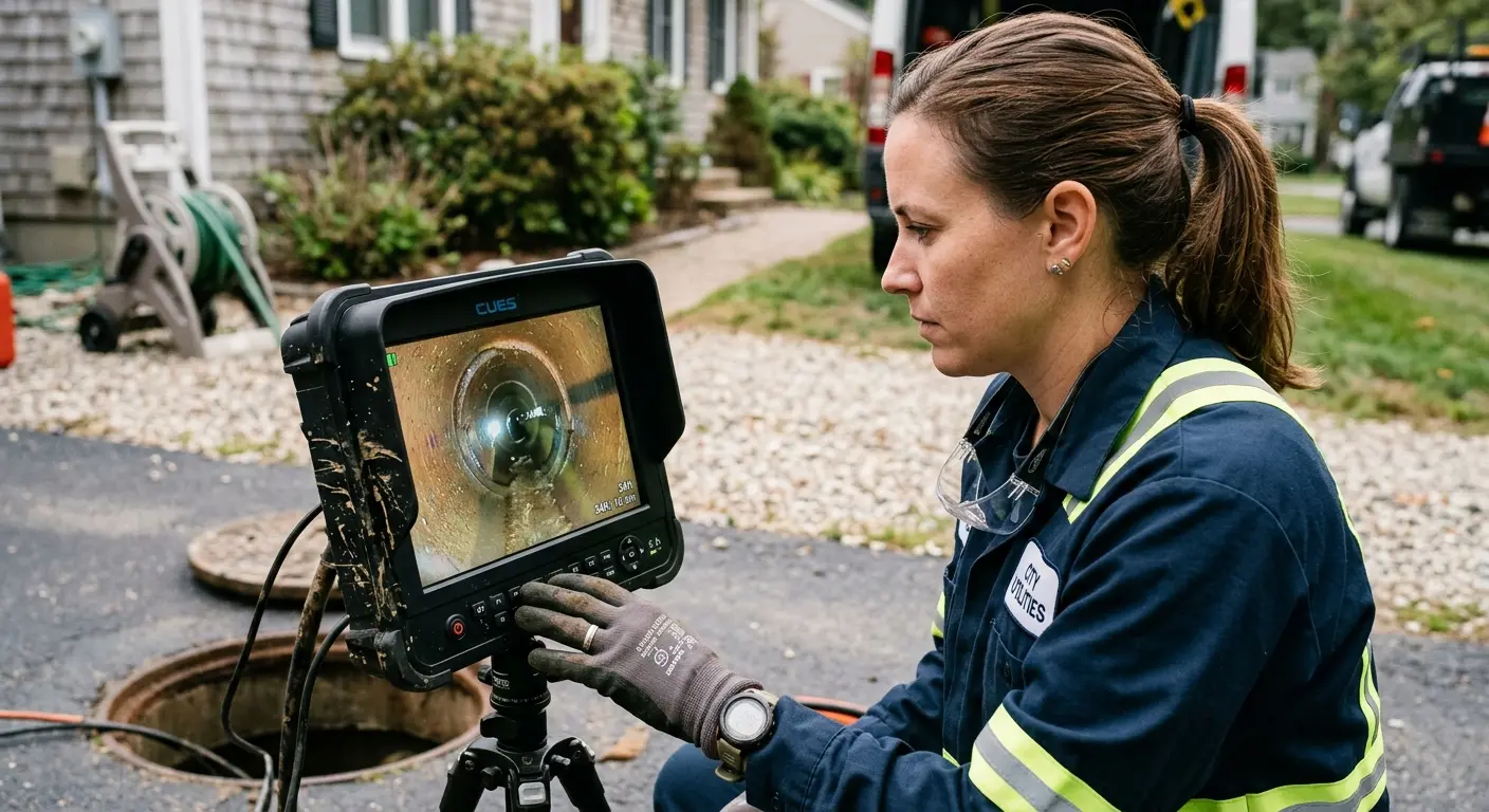 Technician reviewing sewer camera inspection footage in Hollidaysburg