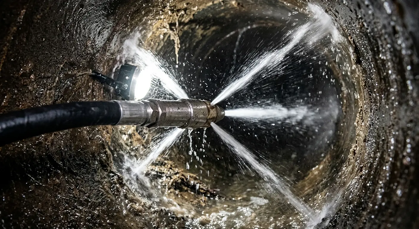 High-pressure hydro jetting nozzle cleaning sewer pipe for Emergency Drain Service in Hollidaysburg
