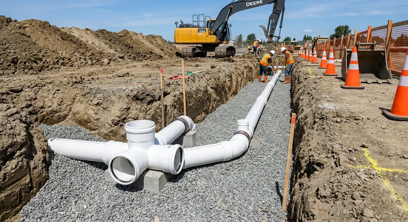 New PVC sewer pipe installation in open trench for Sewer Backup in Hollidaysburg
